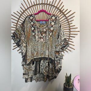 Tienda Ho Womens Paisley Ruffle Tunic Top Embroidered Accents Boho Flowy OS